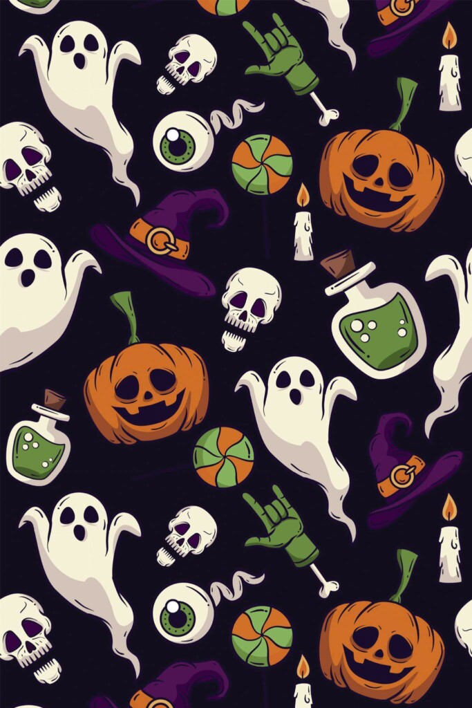 Pattern repeat of Vibrant Halloween Haunt removable wallpaper design