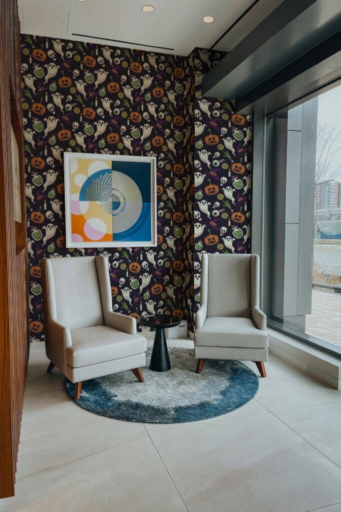 Mid-century-modern style living room decorated with Vibrant Halloween Haunt peel and stick wallpaper