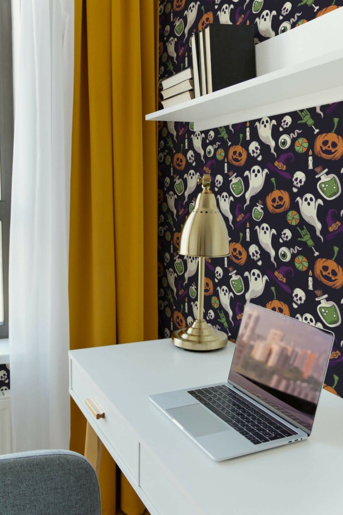 Scandinavian style home office decorated with Vibrant Halloween Haunt peel and stick wallpaper