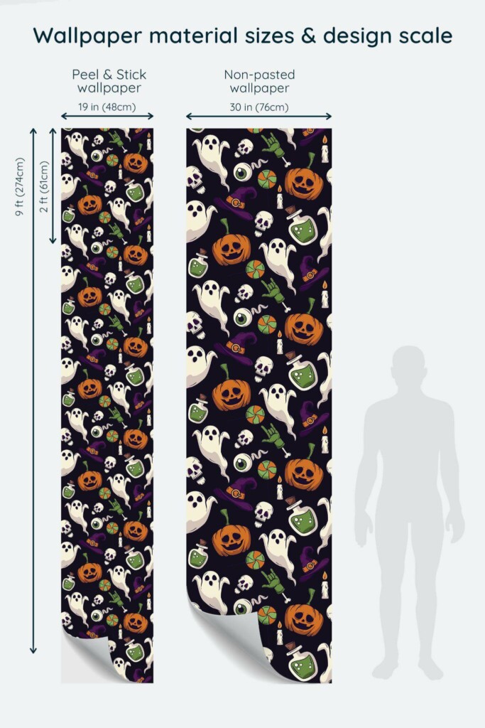 Size comparison of Vibrant Halloween Haunt Peel & Stick and Non-pasted wallpapers with design scale relative to human figure