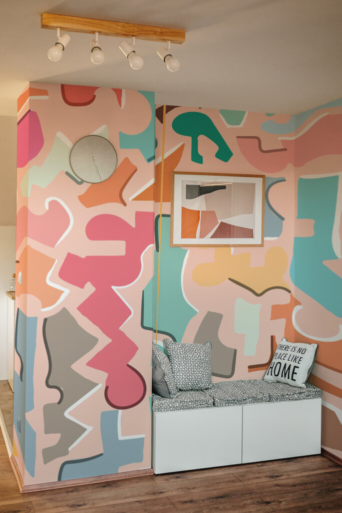 Fancy Walls wall paper mural with colorful abstract shapes in a fun doodle pattern for creative spaces