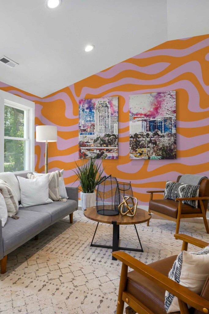 Wall paper mural in pink groovy lines design by Fancy Walls