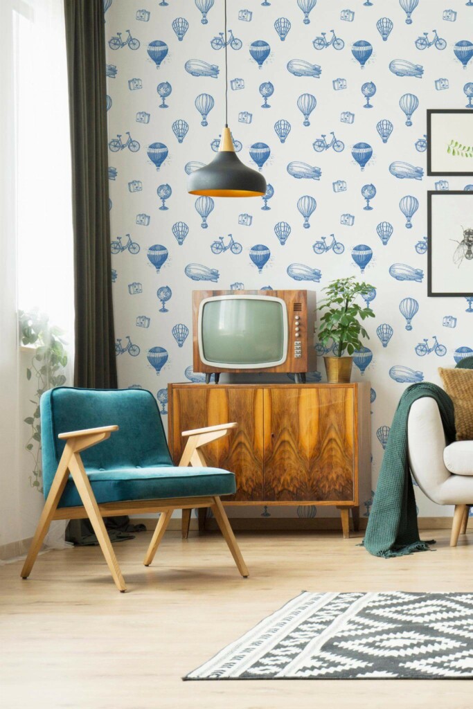 Mid-century modern style living room decorated with Vintage air balloon peel and stick wallpaper