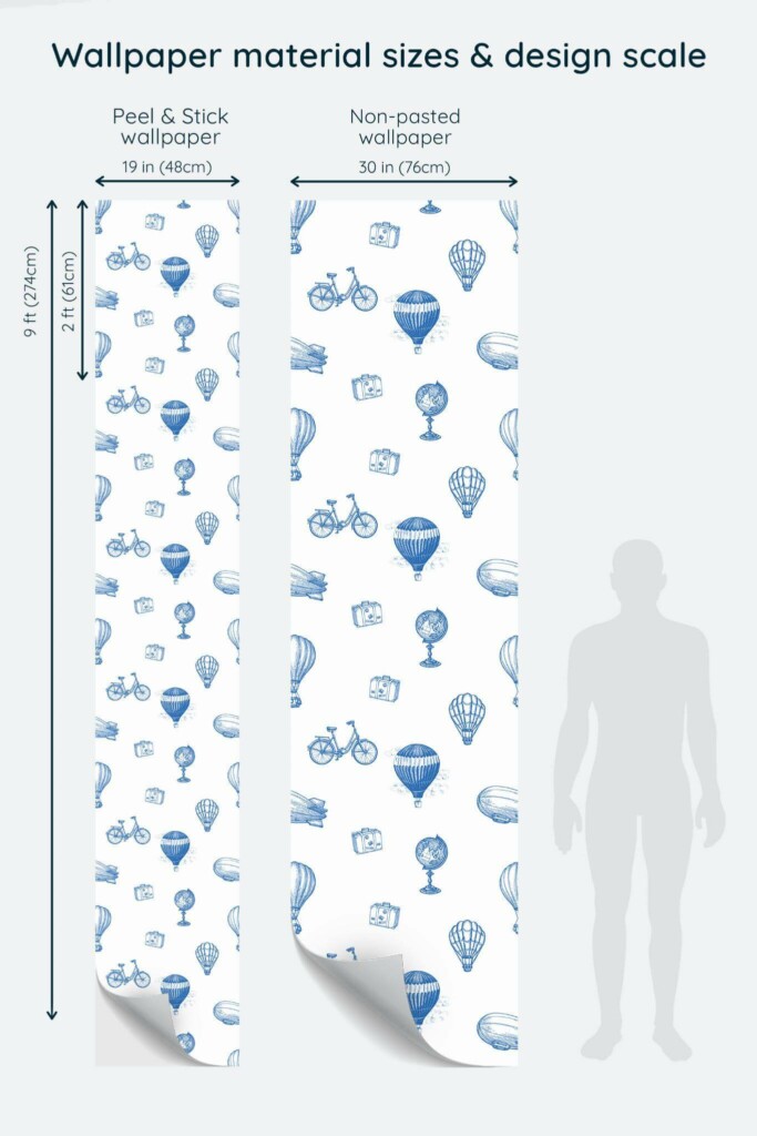 Size comparison of Vintage Balloon Blues Peel & Stick and Non-pasted wallpapers with design scale relative to human figure