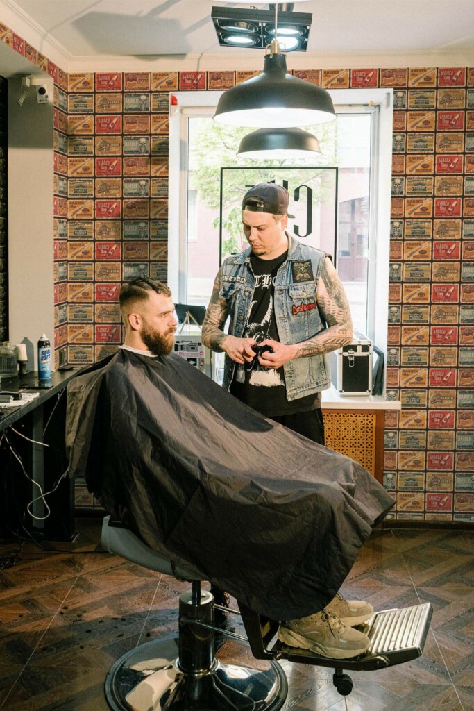 Rustic style barber shop decorated with Vintage Barber shop peel and stick wallpaper