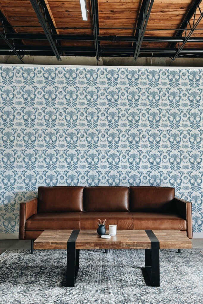 Industrial rustic style living room decorated with Vintage blue damask floral peel and stick wallpaper