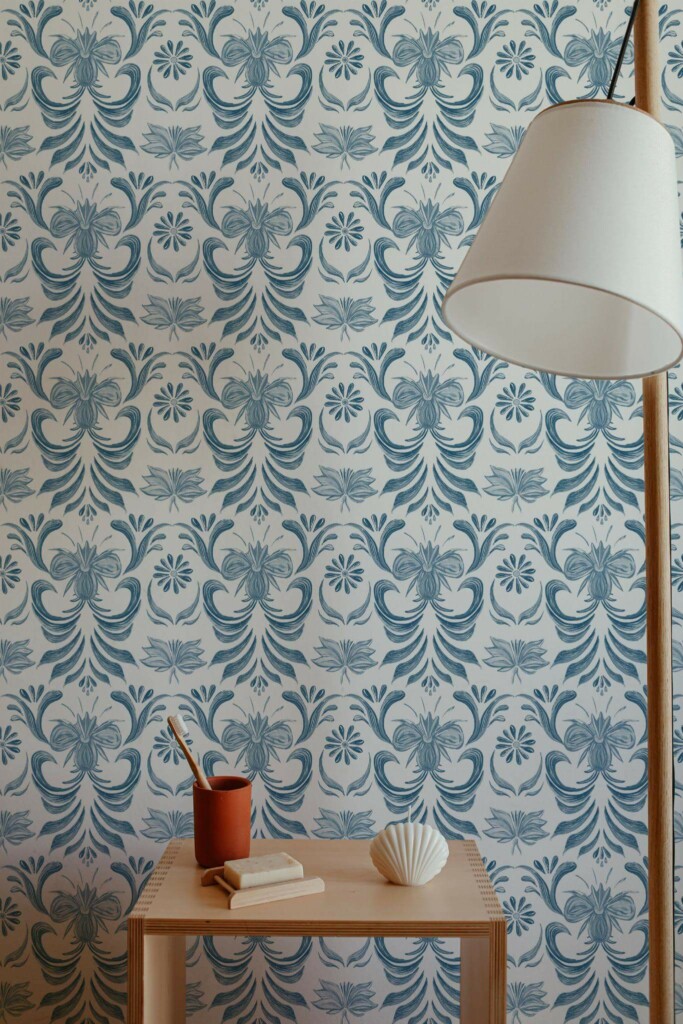 Minimal style bathroom decorated with Vintage blue damask floral peel and stick wallpaper