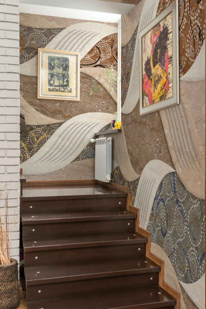 Wall paper mural showcasing brown vintage tile waves with detailed swirls and geometric dots by Fancy Walls