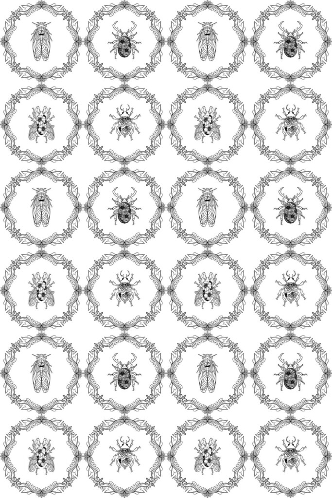 Fancy Walls traditional wallpaper with detailed beetles and cicadas in vintage black