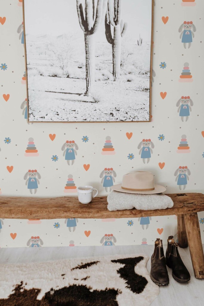 Scandinavian style entryway decorated with Vintage bunny peel and stick wallpaper