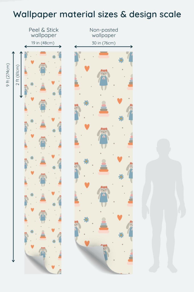 Size comparison of Vintage bunny Peel & Stick and Non-pasted wallpapers with design scale relative to human figure