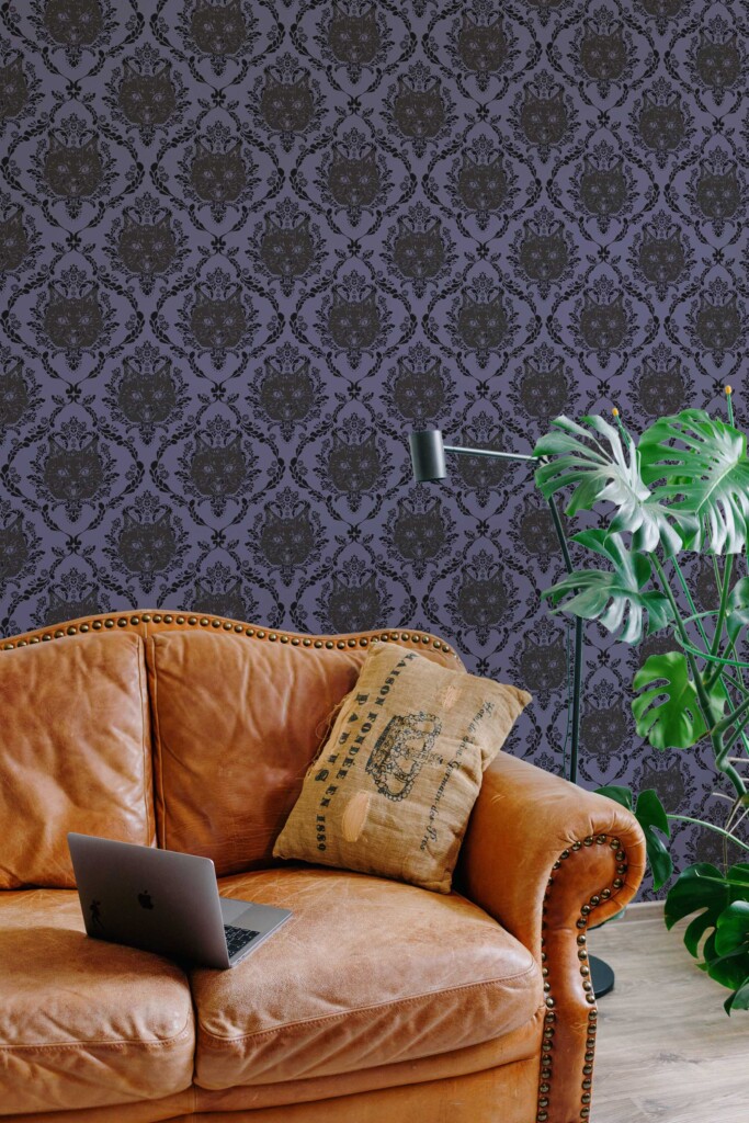 Fancy Walls traditional wallpaper with baroque black damask cat heads in dramatic black on purple