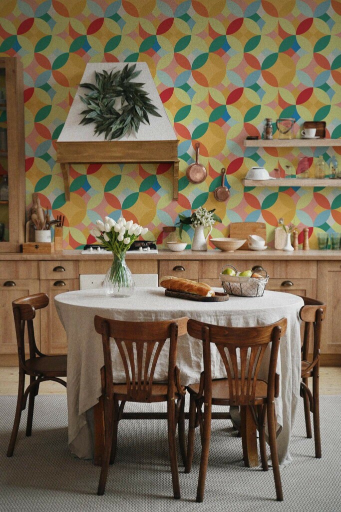 Boho farmhouse style kitchen dining room decorated with Vintage circles peel and stick wallpaper