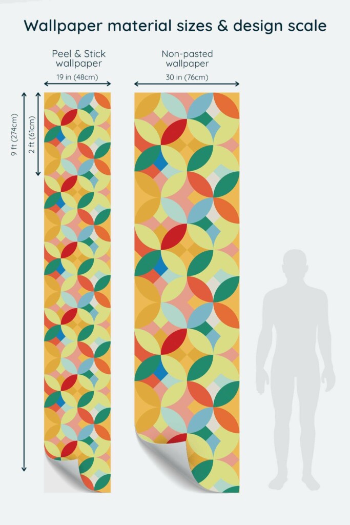 Size comparison of Vintage circles Peel & Stick and Non-pasted wallpapers with design scale relative to human figure