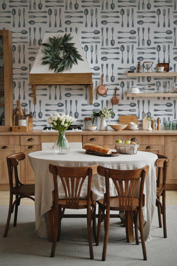Boho farmhouse style kitchen dining room decorated with Vintage cutlery peel and stick wallpaper