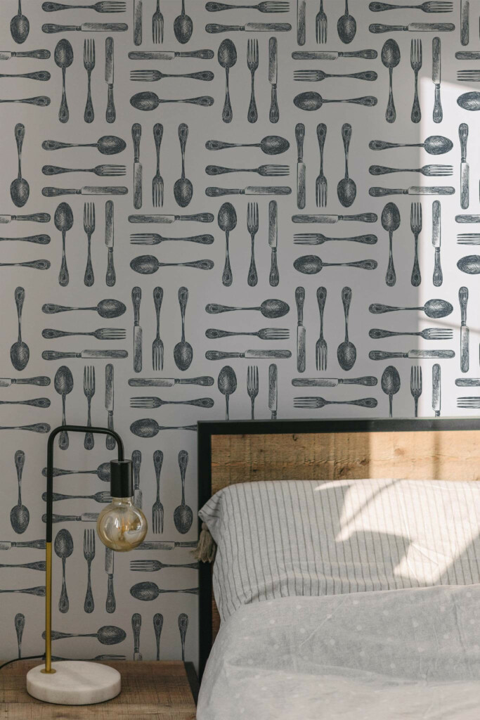 Minimal modern style bedroom decorated with Vintage cutlery peel and stick wallpaper