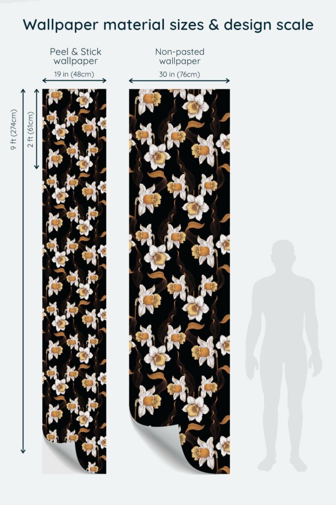 Size comparison of Vintage daffodil Peel & Stick and Non-pasted wallpapers with design scale relative to human figure
