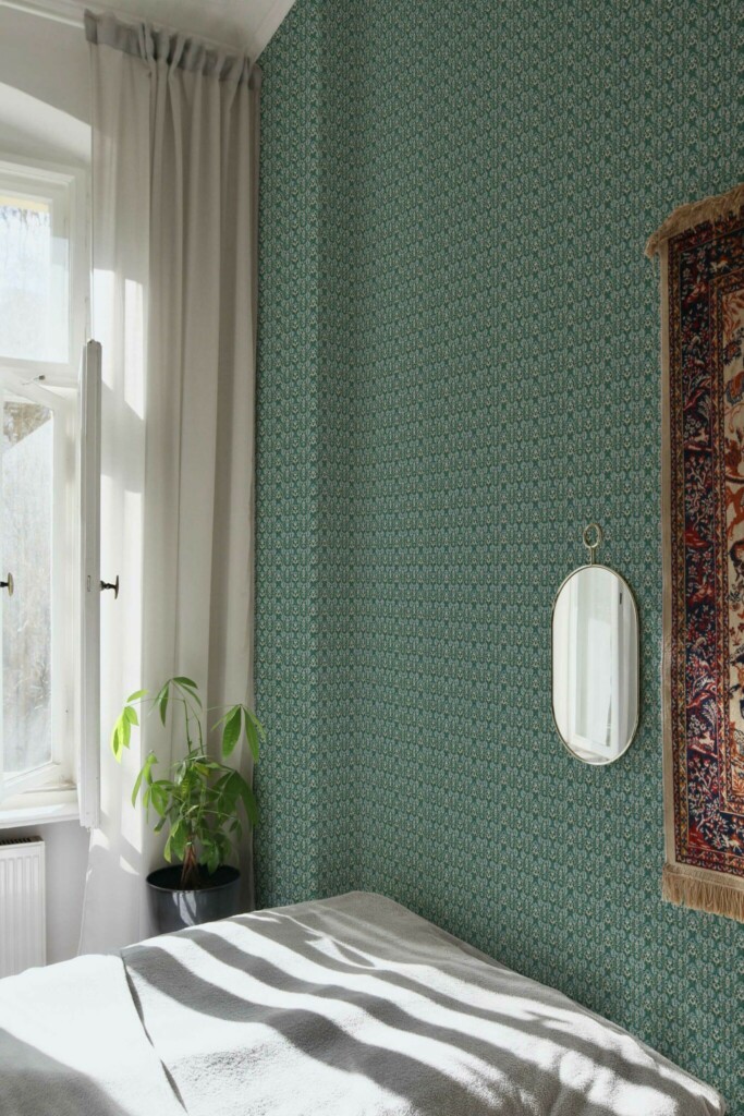 Removable wallpaper with forest green damask pattern, Fancy Walls collection