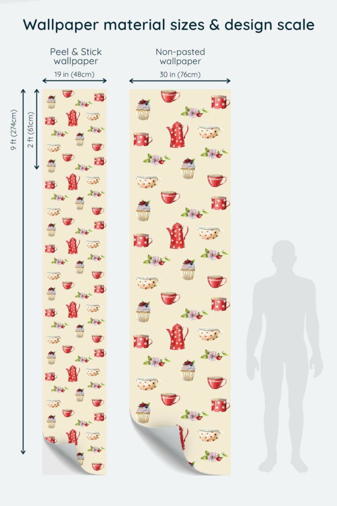 Size comparison of Vintage dishes Peel & Stick and Non-pasted wallpapers with design scale relative to human figure