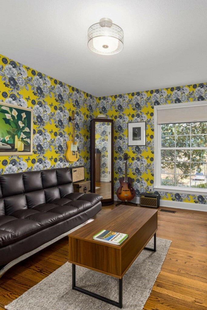 Mid-century style living room decorated with Vintage floral beauty salon peel and stick wallpaper and music instruments