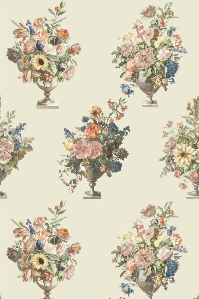 Pattern repeat of Vintage floral bouquet removable wallpaper design