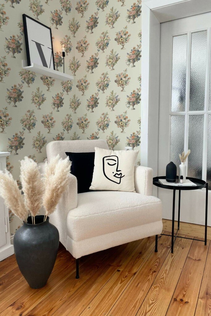 Modern boho style living room decorated with Vintage floral bouquet peel and stick wallpaper