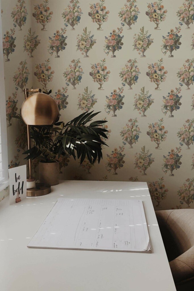 Rustic style home office decorated with Vintage floral bouquet peel and stick wallpaper