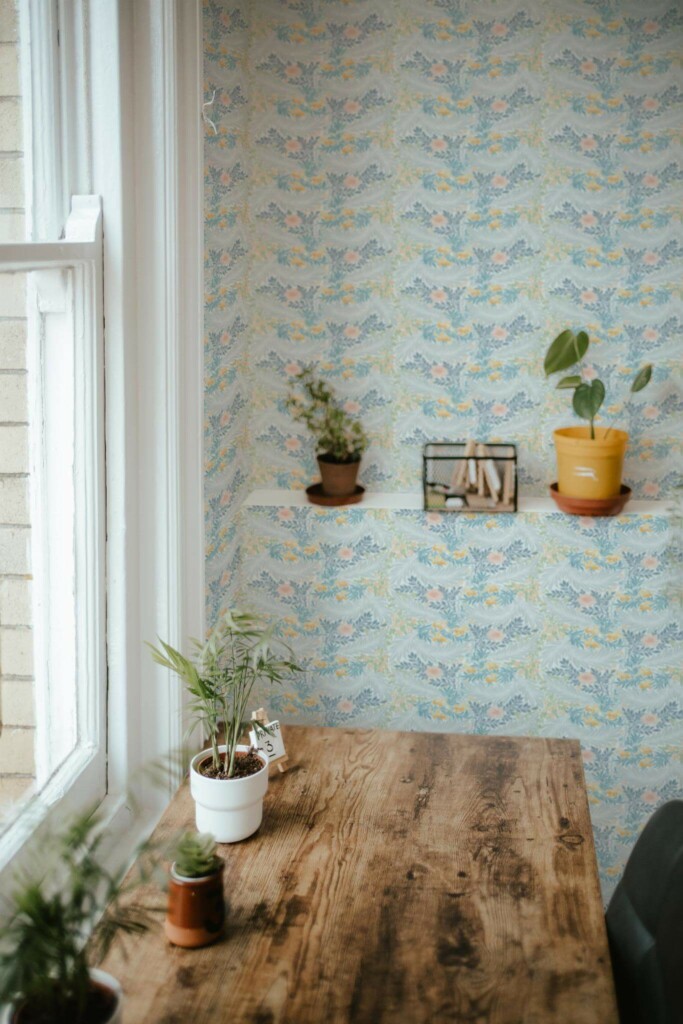 Farmhouse style home office decorated with Vintage floral peel and stick wallpaper
