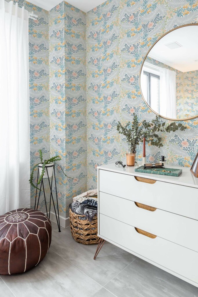 Minimal Mediterranean style powder room decorated with Vintage floral peel and stick wallpaper