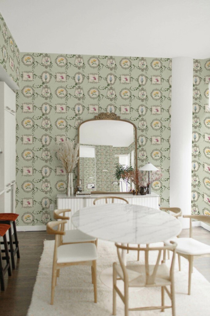 Luxury boho style dining room decorated with Vintage flower peel and stick wallpaper