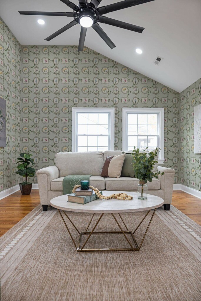 Scandinavian style living room decorated with Vintage flower peel and stick wallpaper