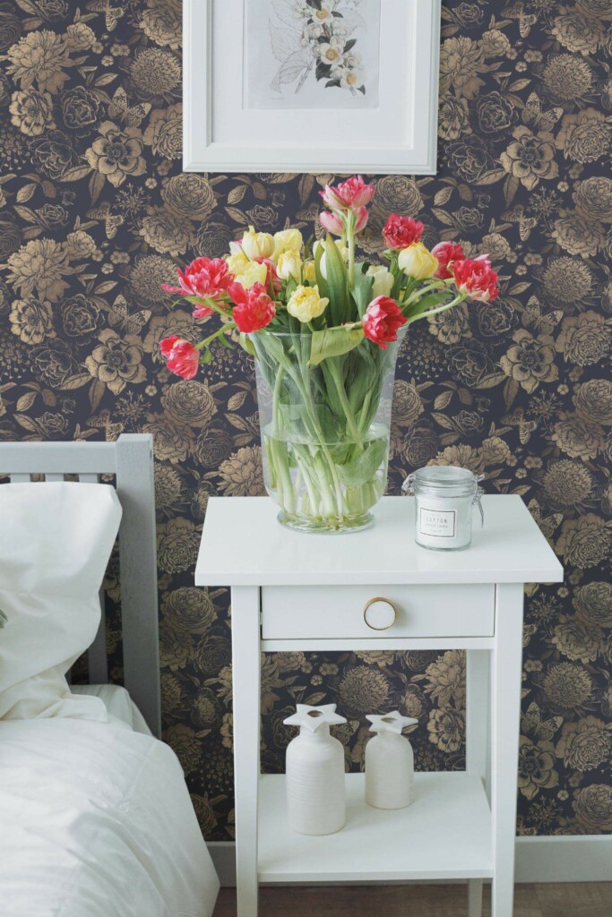 Farmhouse style bedroom decorated with Vintage flowers peel and stick wallpaper