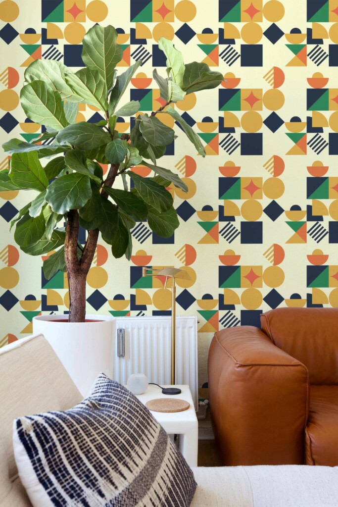 Mid-century style living room decorated with Vintage geometry peel and stick wallpaper