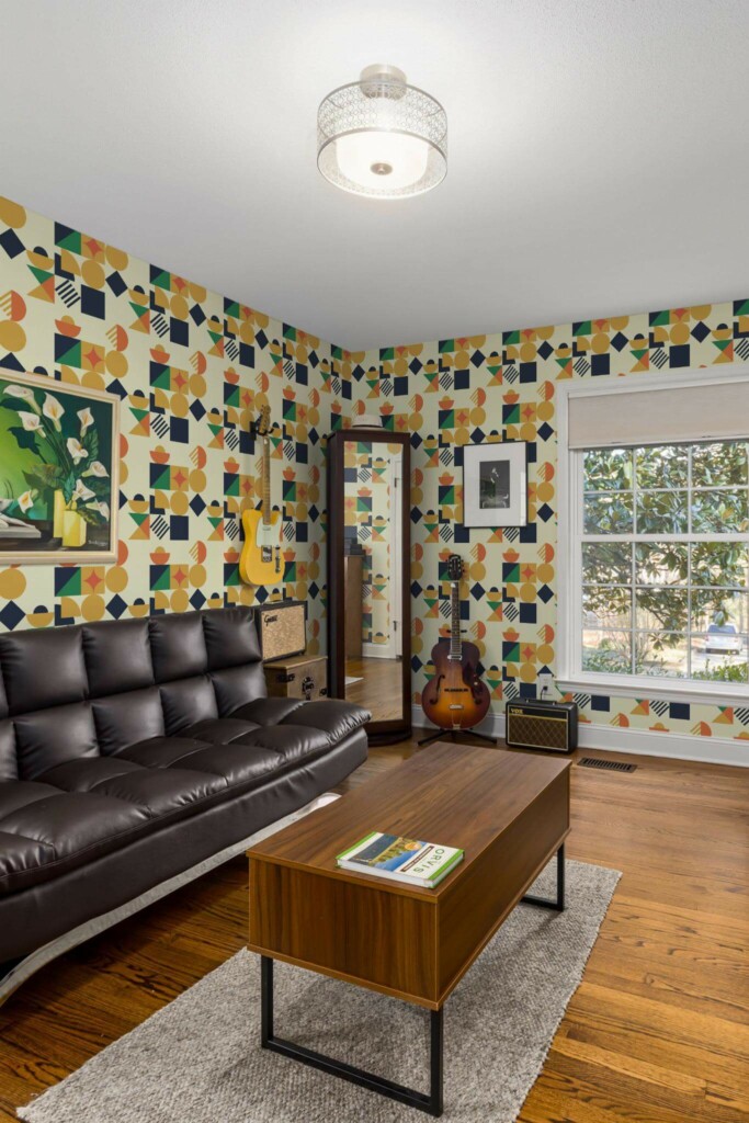 Mid-century style living room decorated with Vintage geometry peel and stick wallpaper and music instruments