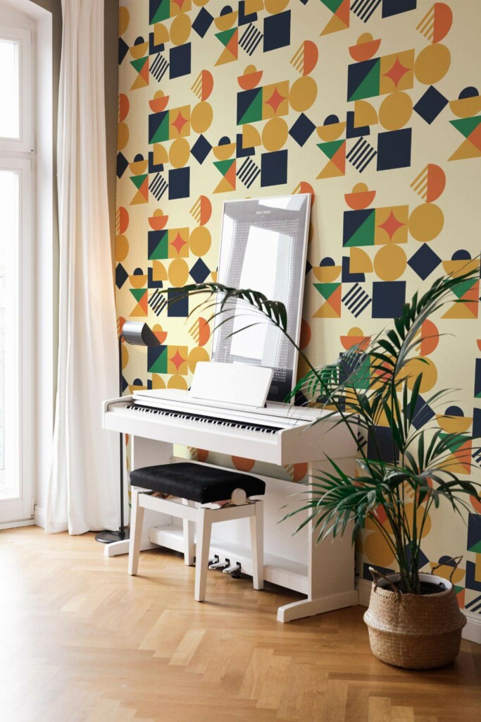 Modern style living room with a piano decorated with Vintage geometry peel and stick wallpaper