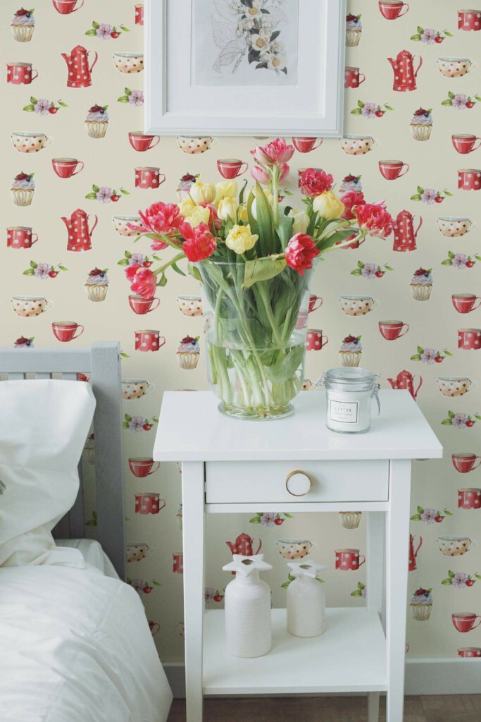 Farmhouse style bedroom decorated with Vintage kitchen peel and stick wallpaper