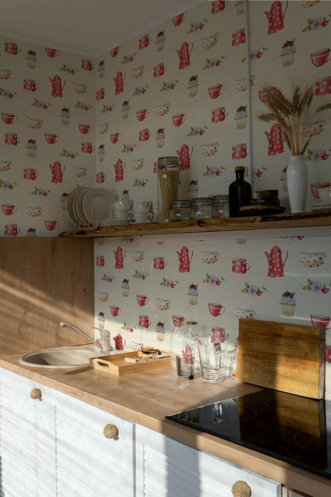 Minimal bohemian style kitchen decorated with Vintage kitchen peel and stick wallpaper