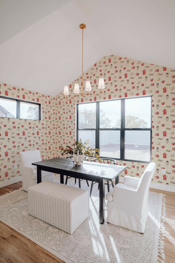 Elegant minimal style dining room decorated with Vintage kitchen peel and stick wallpaper