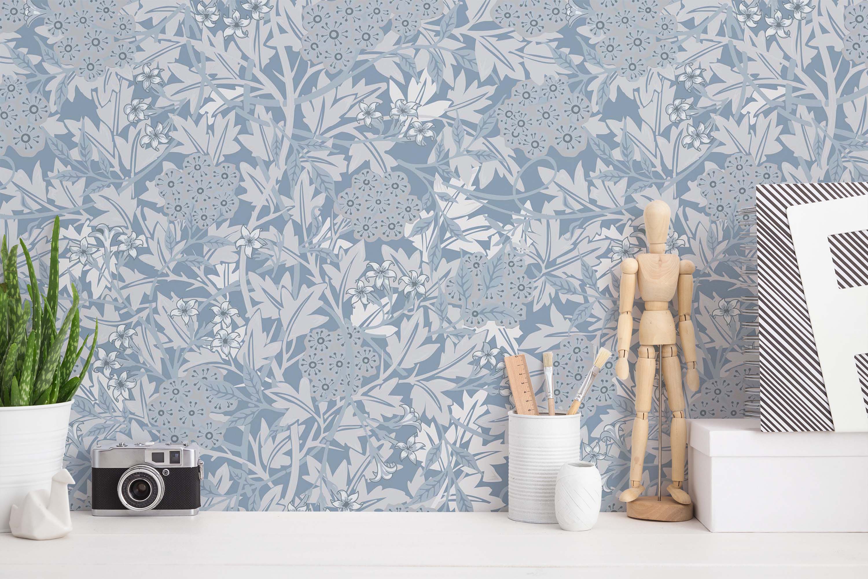 Blue vintage leaf wallpaper - Peel and Stick or Non-Pasted