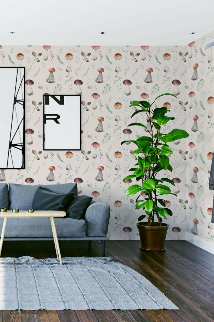 Modern scandinavian style living room decorated with Vintage mushroom nursery peel and stick wallpaper