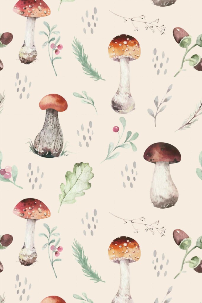 Pattern repeat of Vintage mushroom removable wallpaper design