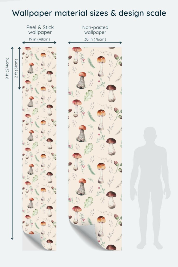 Size comparison of Vintage mushroom Peel & Stick and Non-pasted wallpapers with design scale relative to human figure