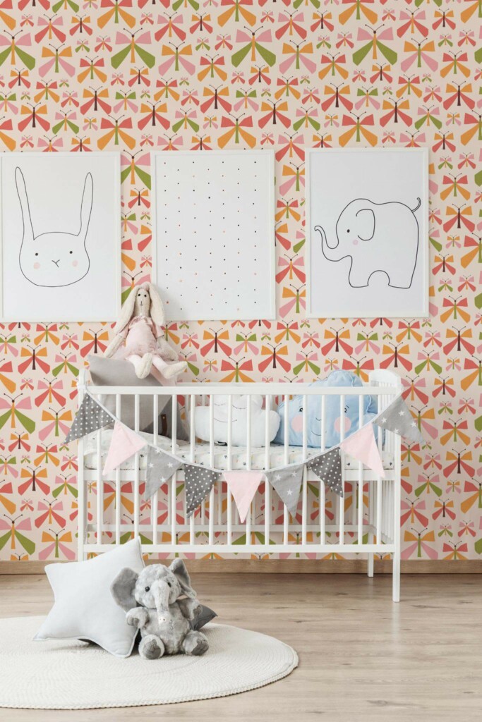 Minimal style nursery decorated with Vintage nursery peel and stick wallpaper