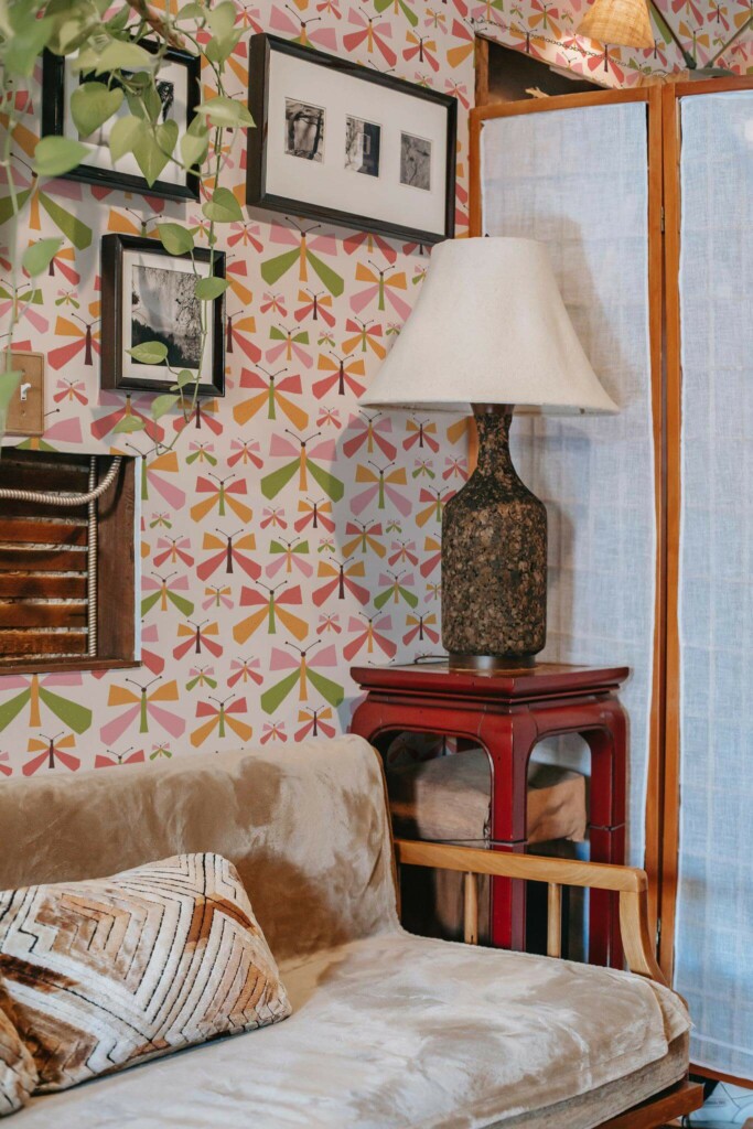Southwestern style living room decorated with Vintage nursery peel and stick wallpaper