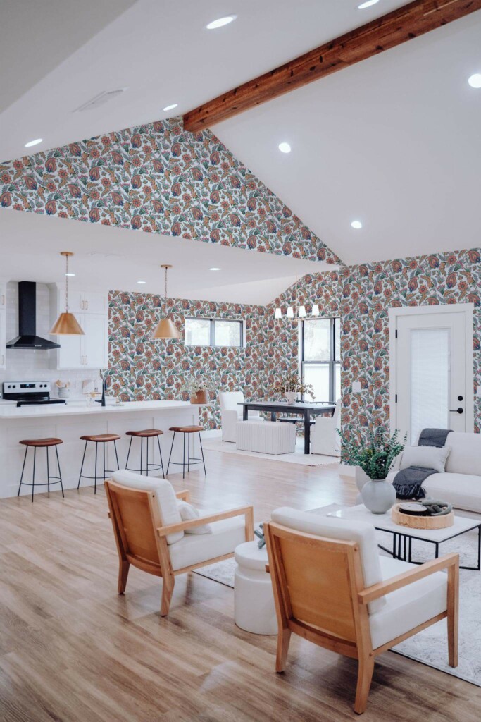 Contemporary style living room and kitchendecorated with Vintage paisley peel and stick wallpaper