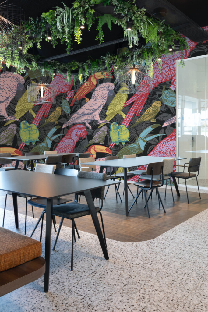 Wall paper mural with tropical bird species like cockatoos and toucans on a vintage jungle backdrop by Fancy Walls