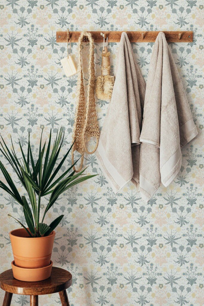Boho style bathroom decorated with Vintage pastel flowers peel and stick wallpaper