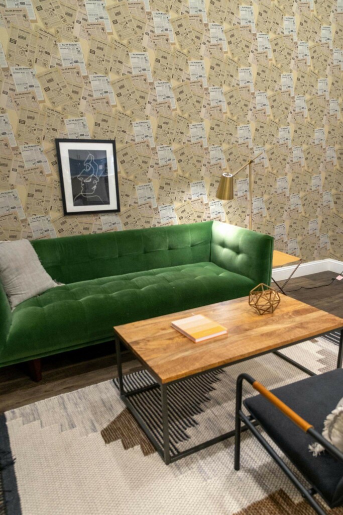 Mid-century modern living room decorated with Vintage poster peel and stick wallpaper and forest green sofa