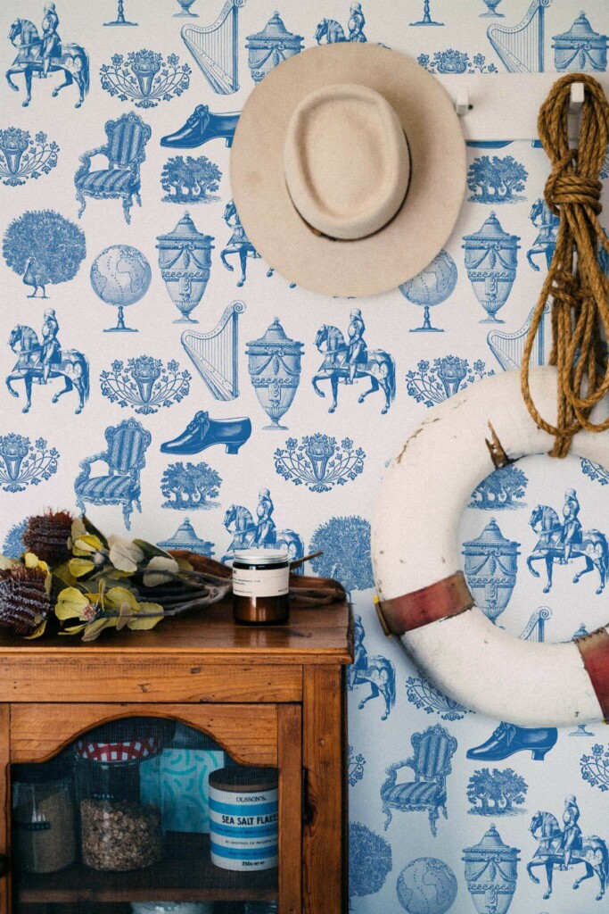 Coastal nautical style living room decorated with Vintage peel and stick wallpaper
