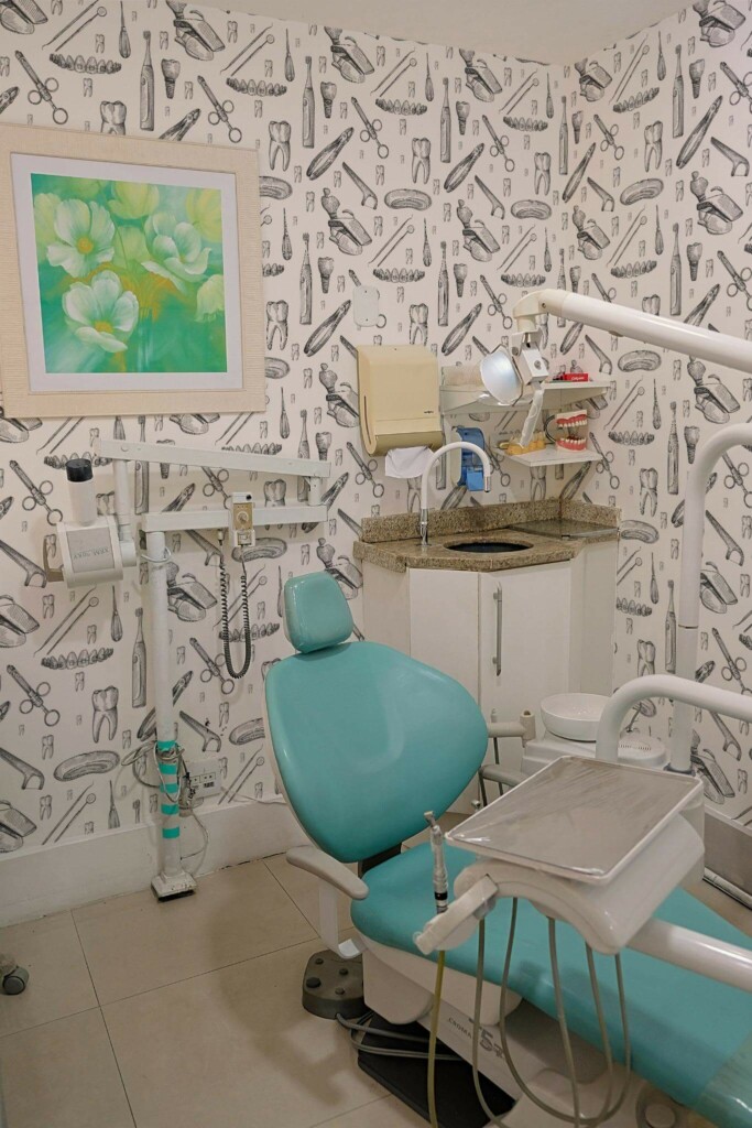 Vintage style dentist office decorated with Vintage stomatology peel and stick wallpaper
